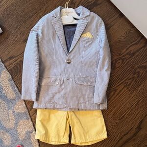 next Blue & White Striped Seersucker Blazer with Yellow Pocket Square
